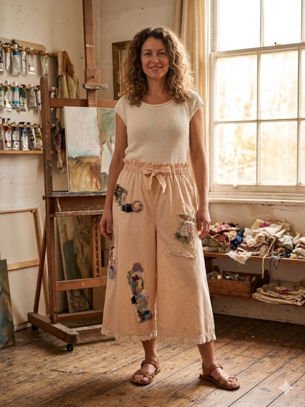 Upcycled Handmade Shabby Chic Cropped Culottes size medium to extra large